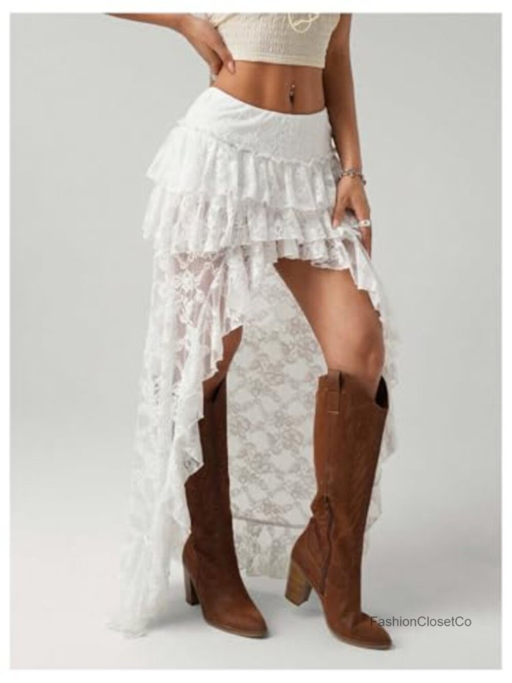 Lace Tiered Ruffle High Low Maxi Skirt Y2k Renaissance Boho Fairy - Picture 5 of 5